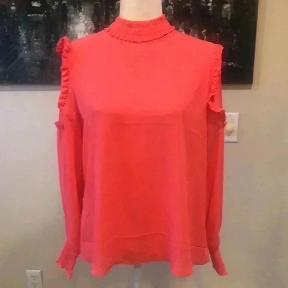CATHERINE MALANDRINO Watermelon Colored High Neck Long Ruffled Accents-M - Picture 1 of 7